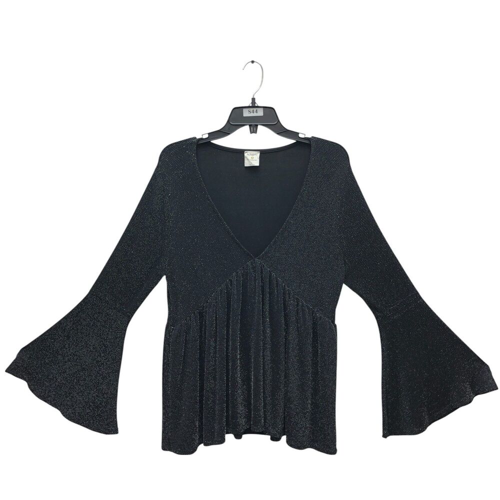 By Together Blouse Womens Large Black Metallic Flared Sleeve Boho Peplum Top USA